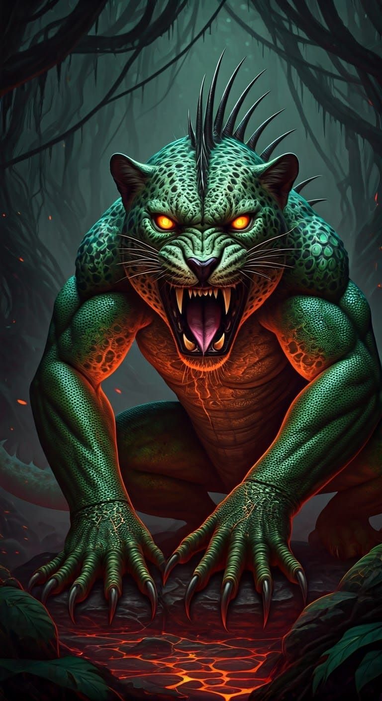 Demonic Lizard-Leopard Hybrid in Toxic Jungle