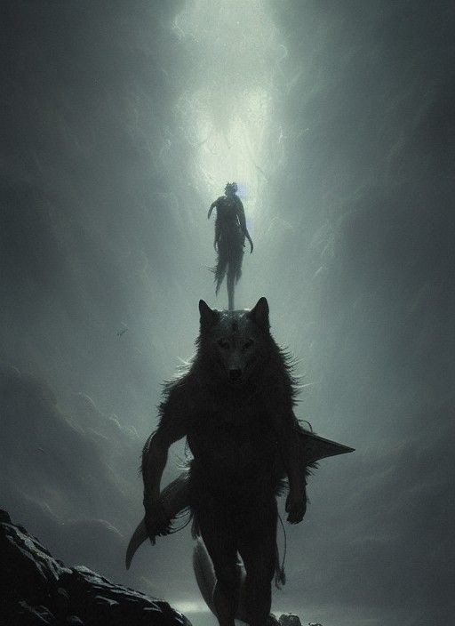 Horrific Human-Wolf-Shark Hybrid in Dark Fantasy Style
