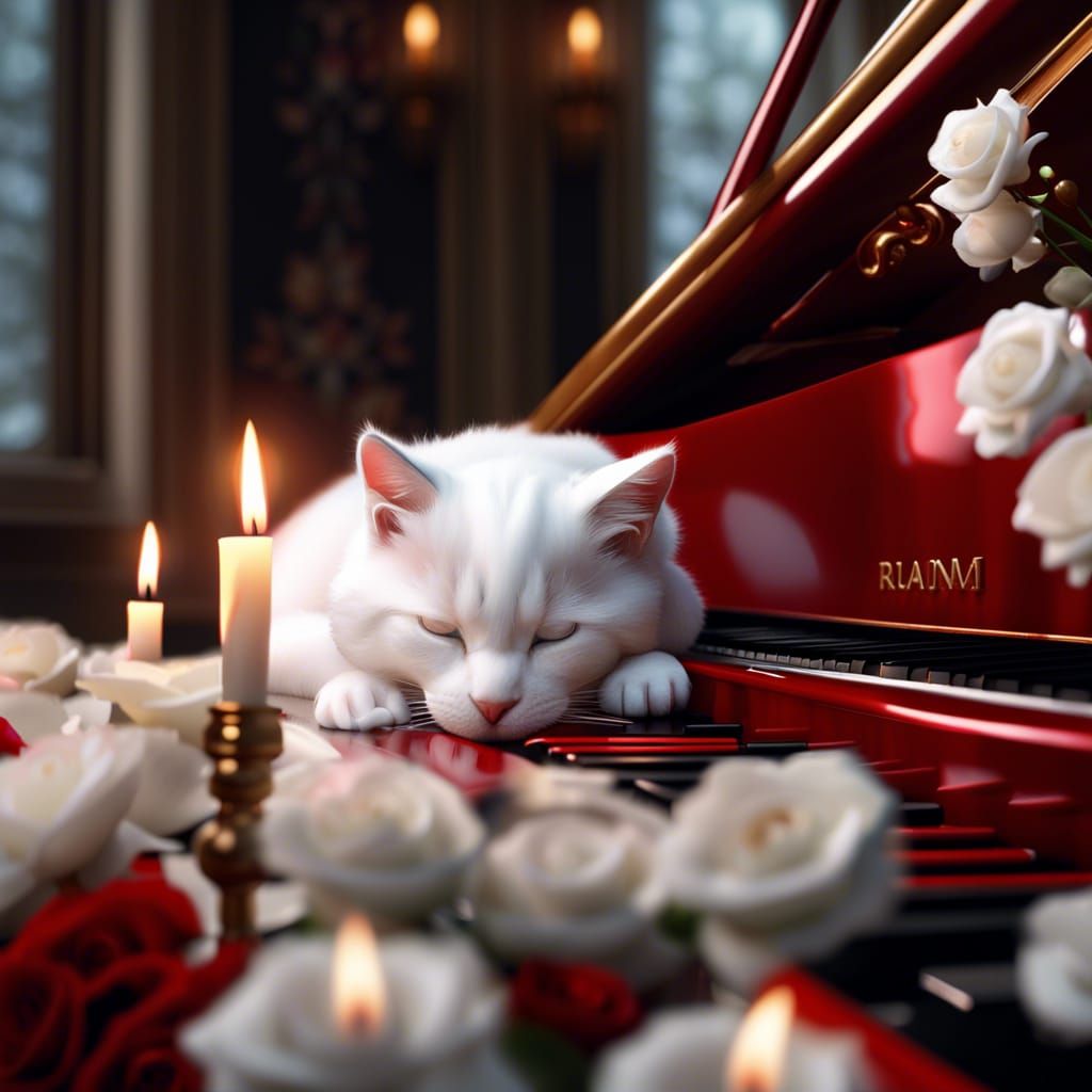 White Kitten Nap on Red Piano: Photorealistic Image