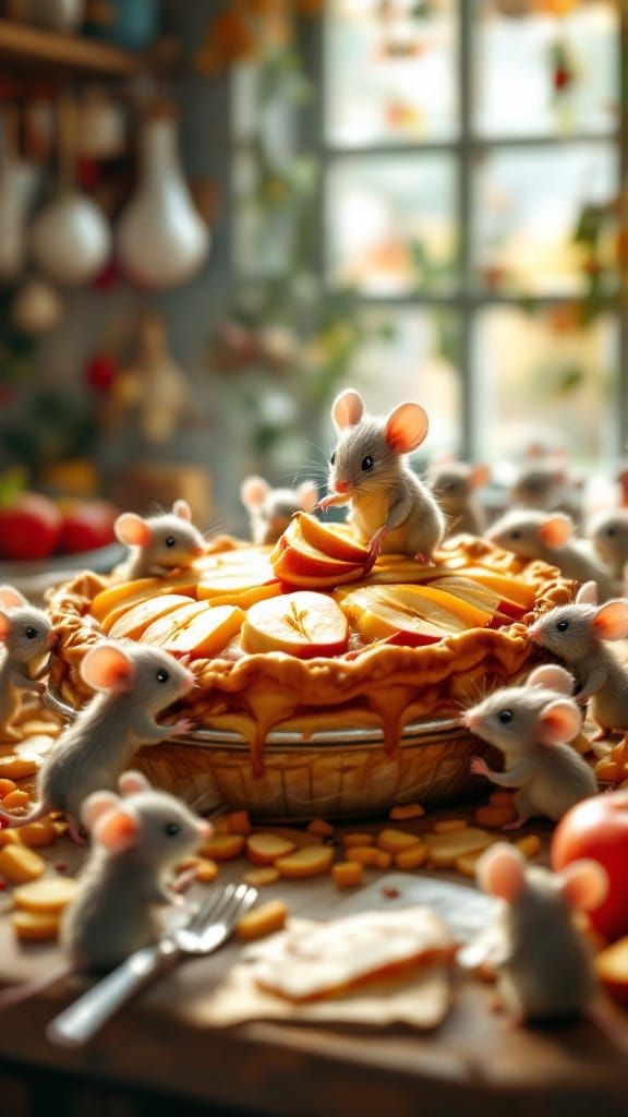 Tiny Mice Craft Giant Apple Pie in Whimsical Kitchen Scene