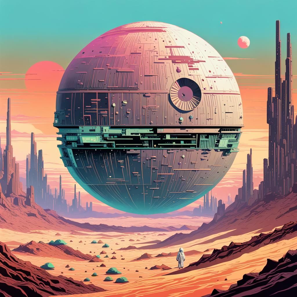 Death Star over Desert Planet in Vaporwave Style
