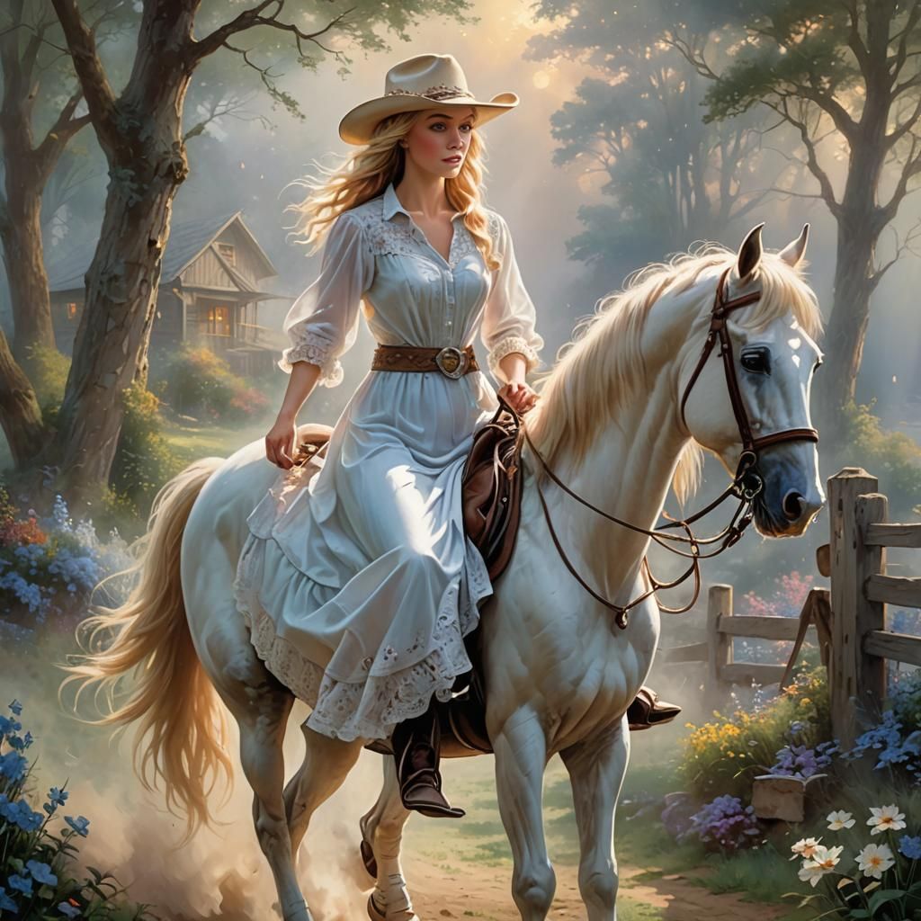 Girl Rides Bareback Horse in Ethereal Fantasy Style