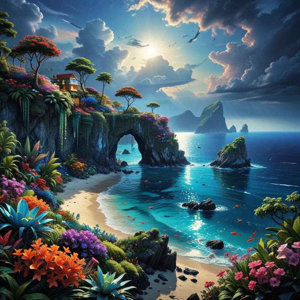 Surreal Paradise Unfolds Along a Shimmering Coastline