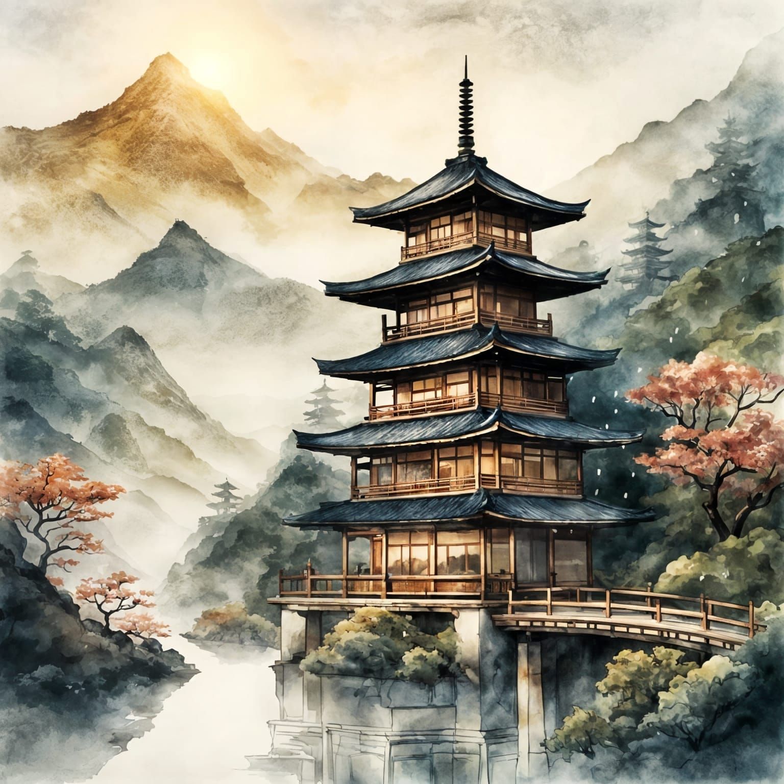 Japanese Pagoda in Mountain Landscape: Porcelain Style
