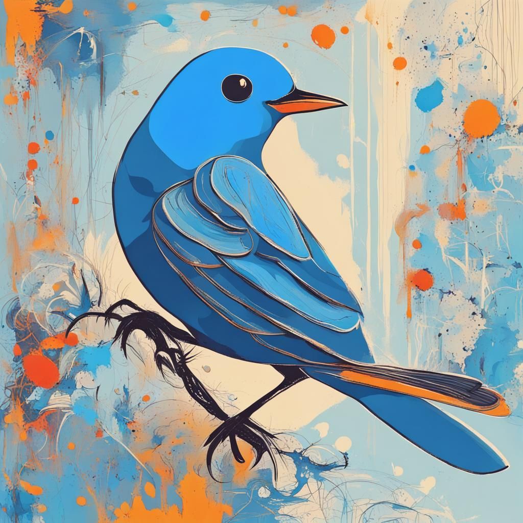 Cute Blue Bird in Abstract Art Style