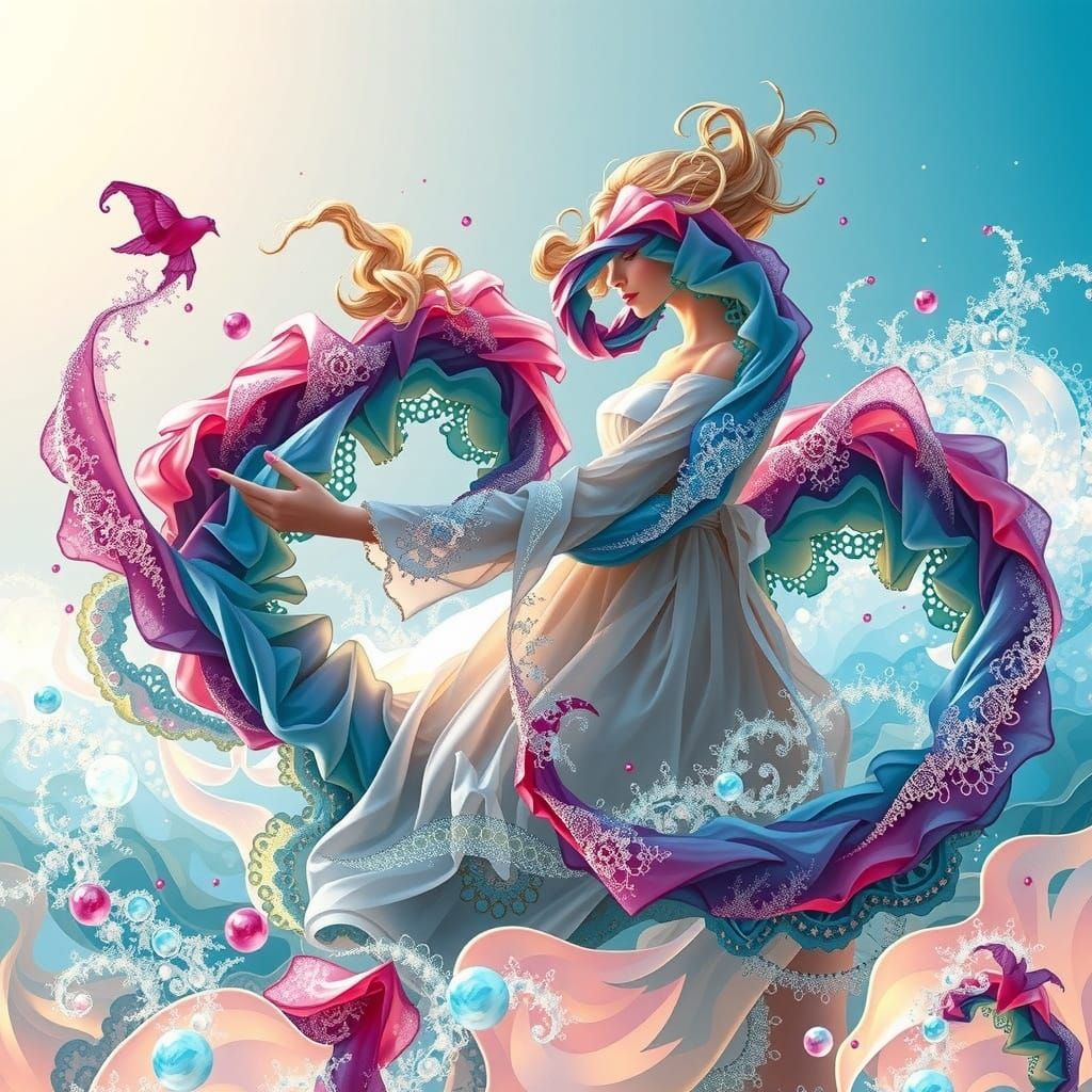 Surreal Goddess in Ethereal, Shimmering Landscape