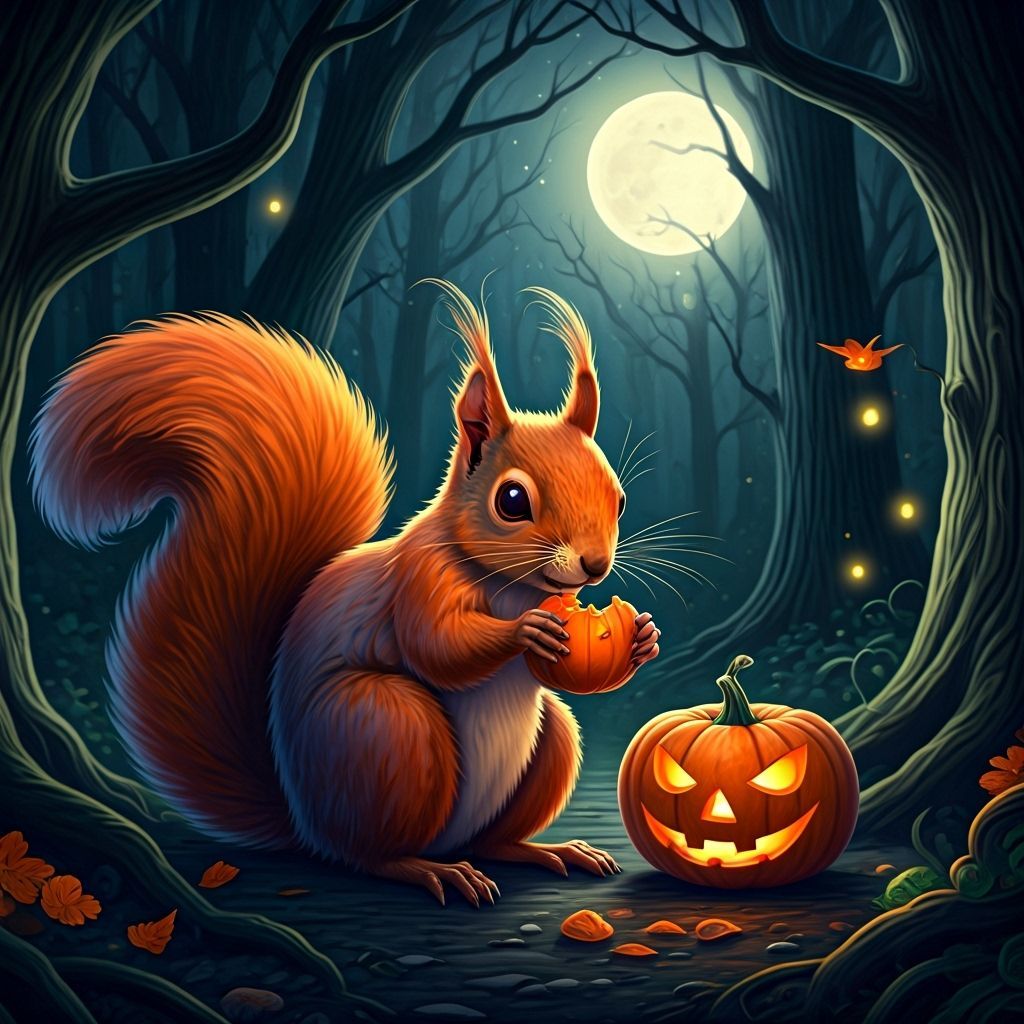 Whimsical Squirrel in Haunted Forest with Jack-o'-lanterns