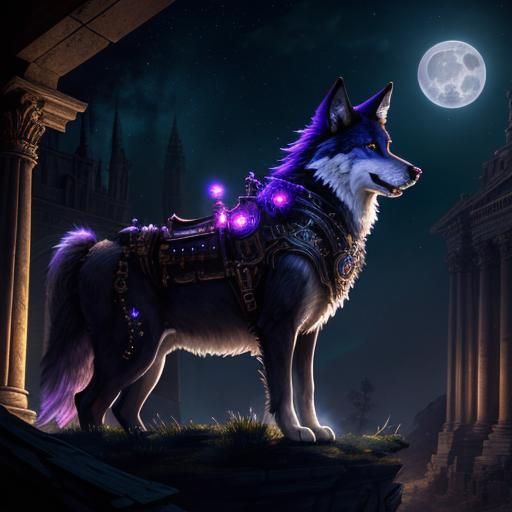 Steampunk Wolf Under Starry Sky in Roman Architecture