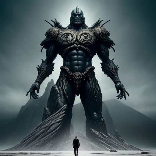 Glowing Colossal Statue of a Man, Radiant and Foreboding, in...