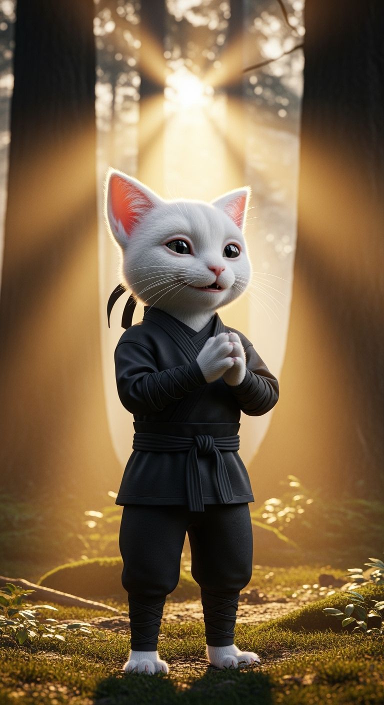 White Kitten Ninja in Golden Forest Sunlight