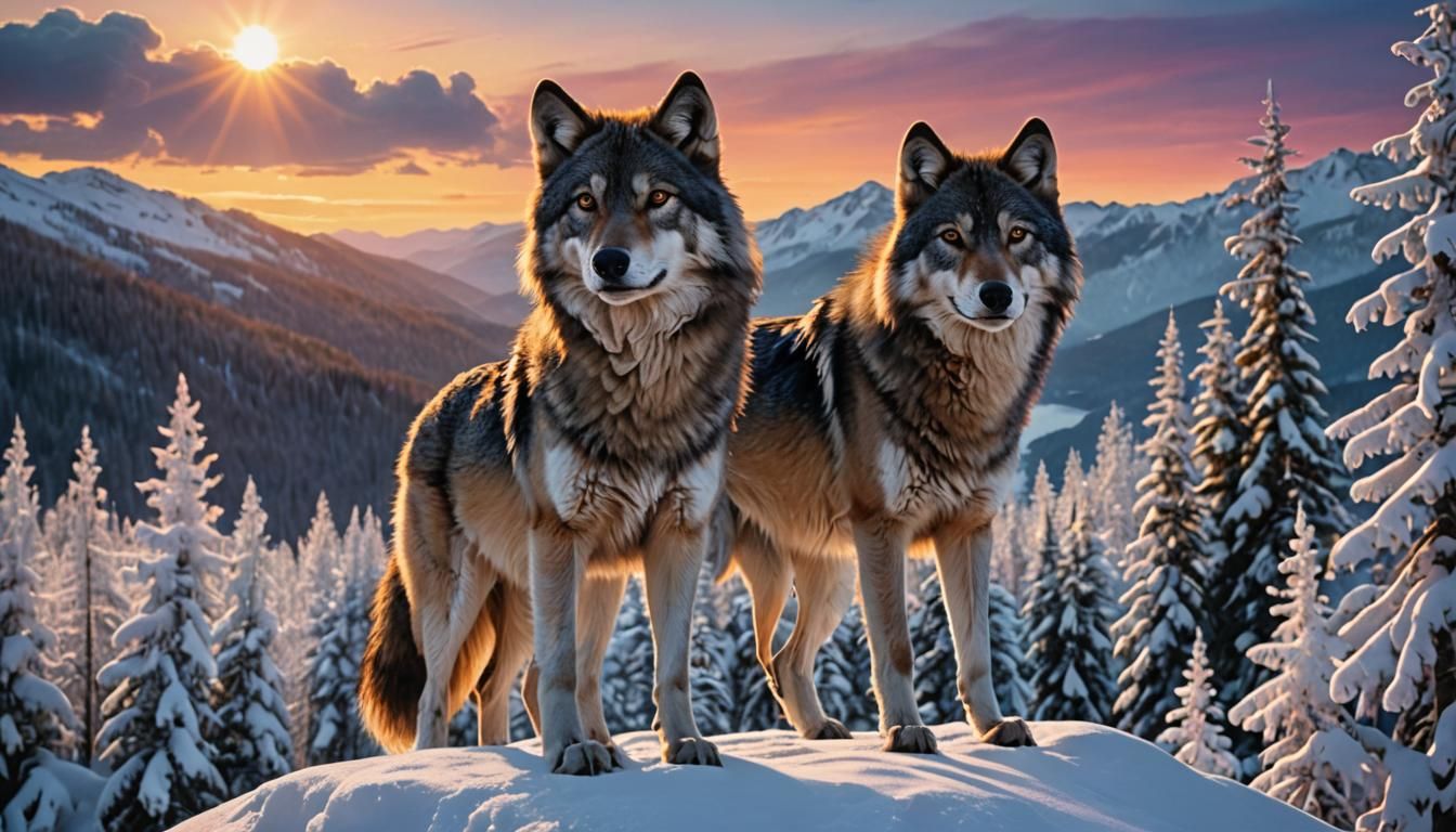 Wolf on Snowy Mountain at Sunset
