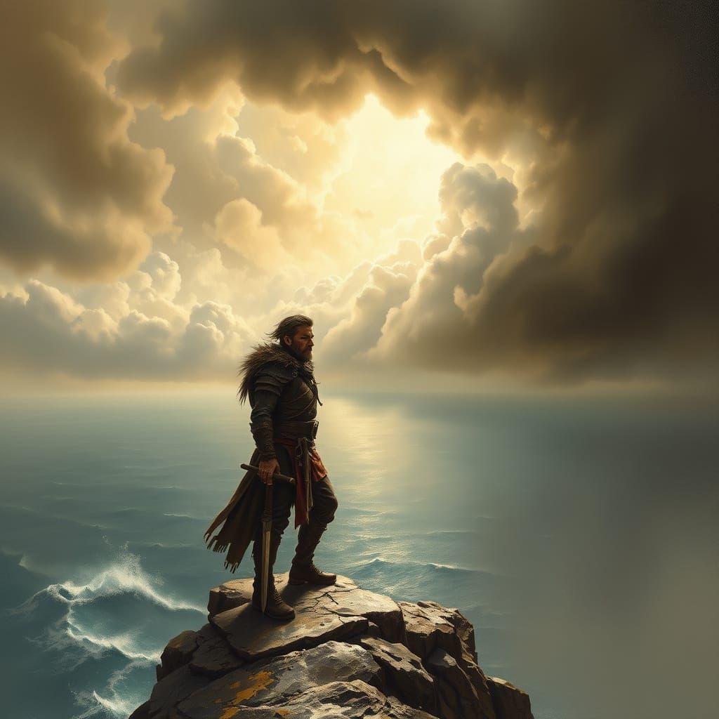 Warrior on Cliff Overlooking Ocean in Dramatic Light