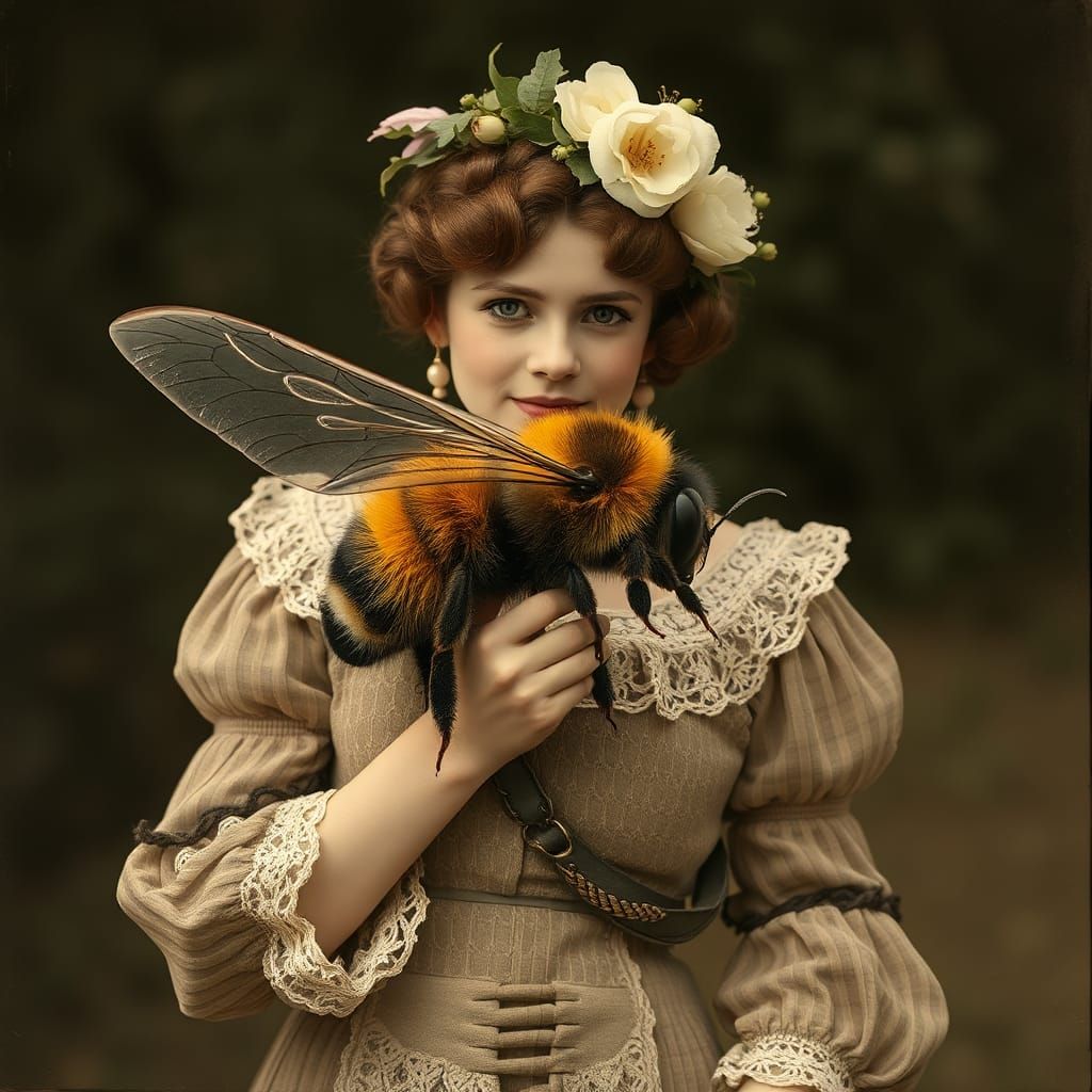 Edwardian Woman with Oversized Bee: Surreal Portrait