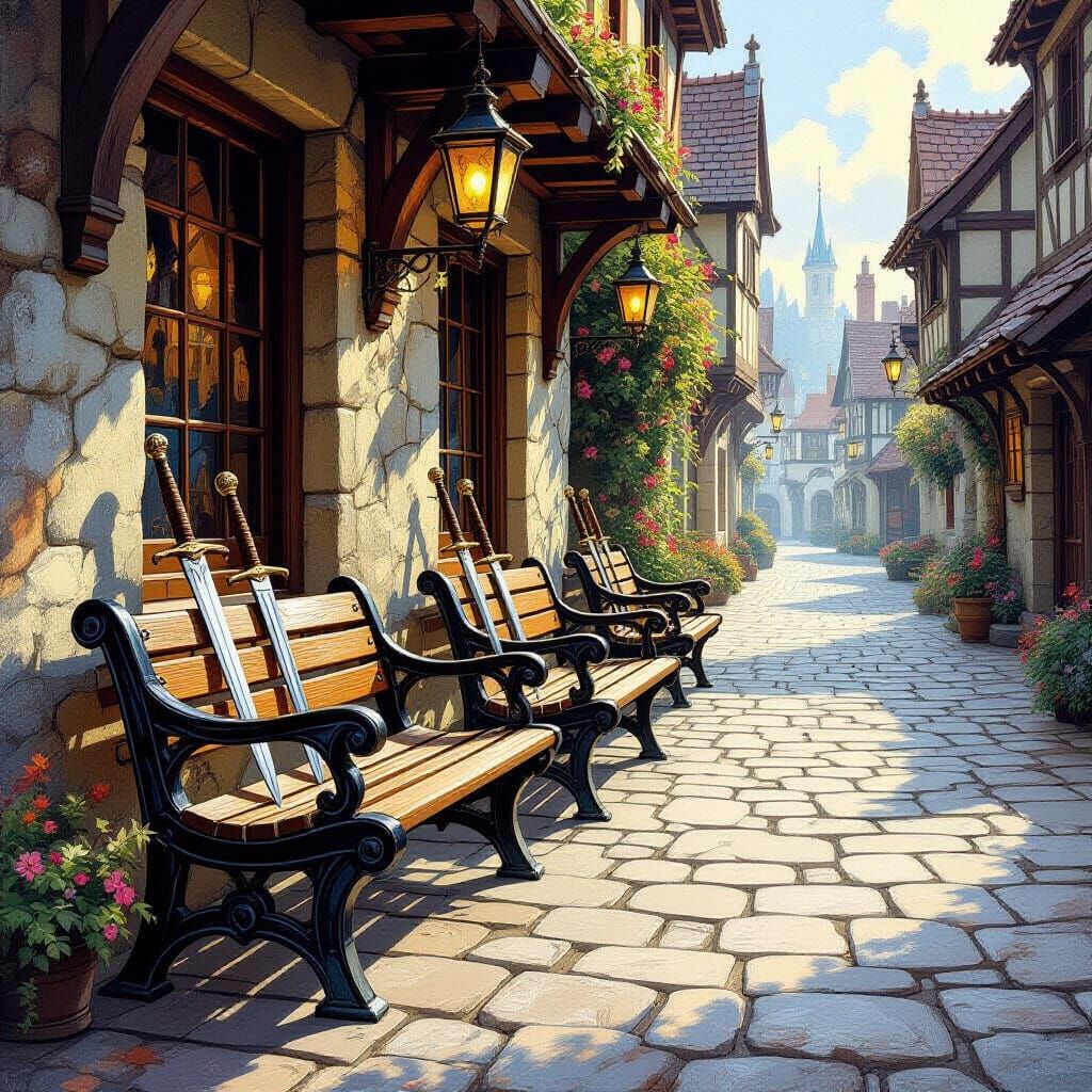 Fantasy Downtown with Sword Hilts on Benches
