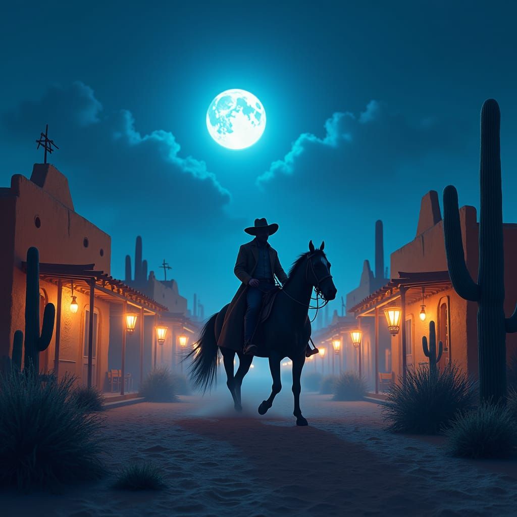 Cowboy Rides Through Moonlit Desert Town in Fantasy Art Styl...