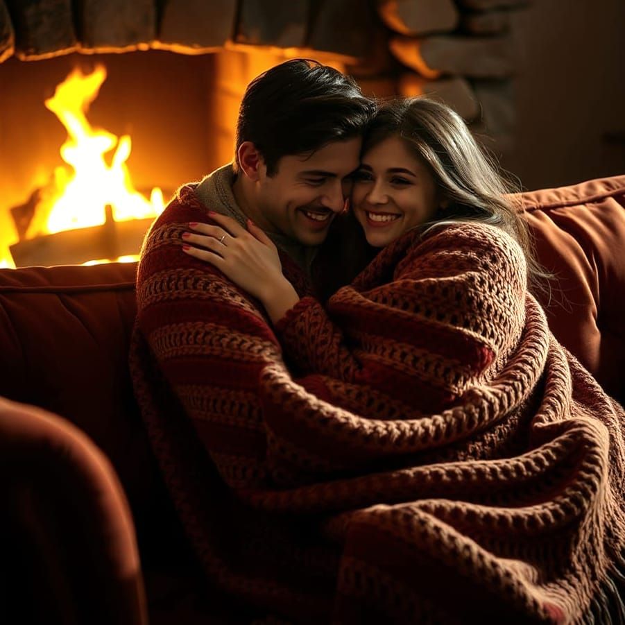 Cozy Couple Cuddling by Fireplace: Hyperrealistic Digital Ar...