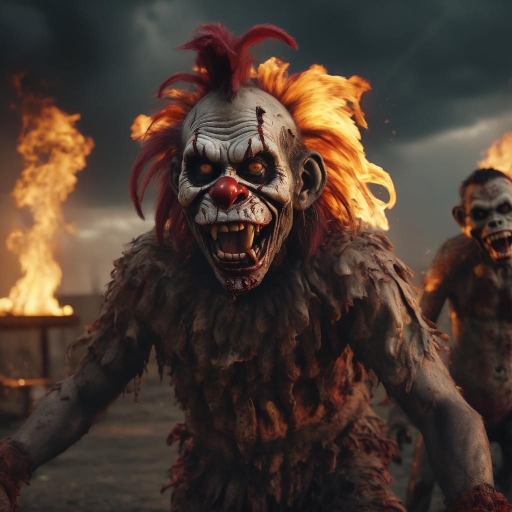 Zombie Monkey Clown Burning in Hyper-Realistic Style