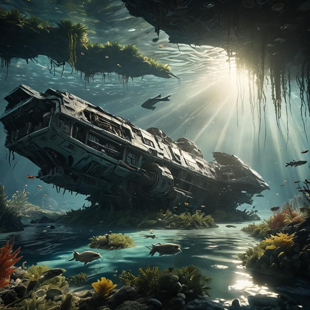 Wrecked Starfighter in Alien Ocean: Cinematic Sci-Fi