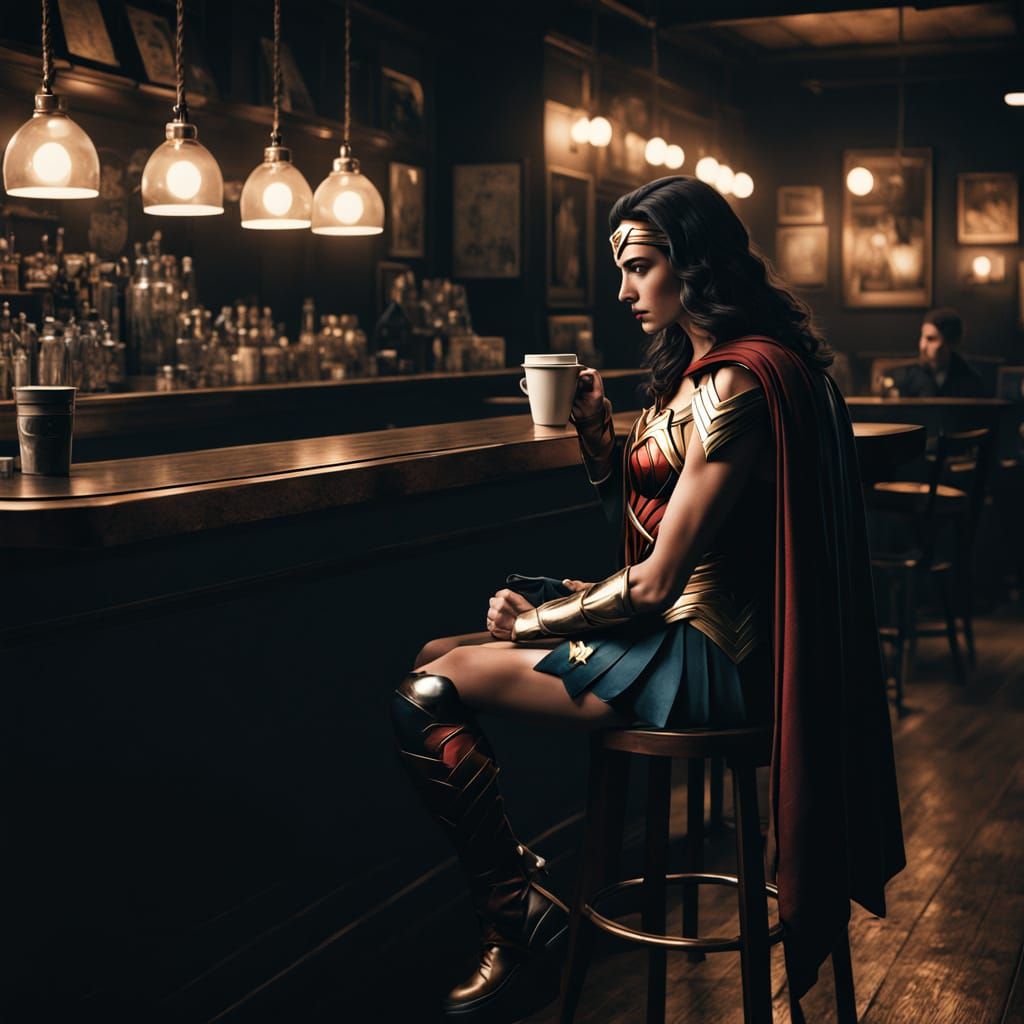 Wonder Woman and Batman Share Coffee in a Dark, Moody Bar