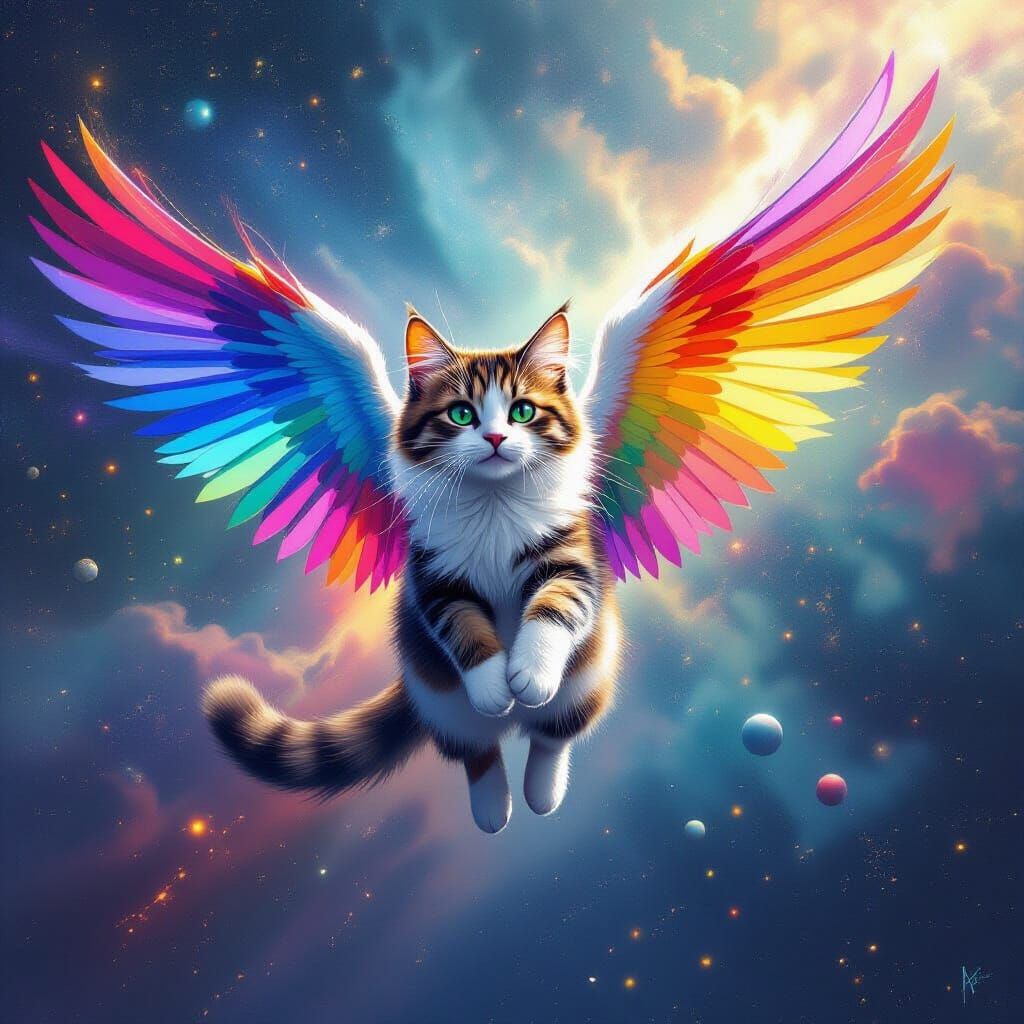 Cat with Rainbow Wings Soaring in Space