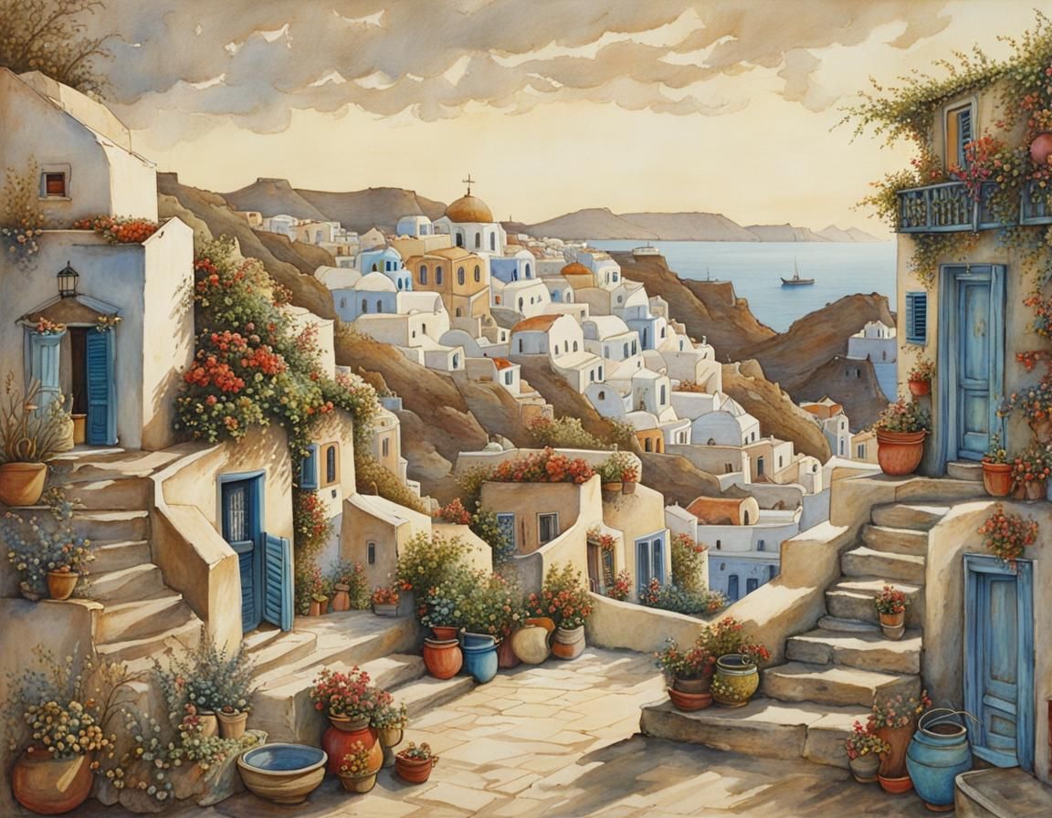 Charming Santorini Fishing Village, Illustrated Style