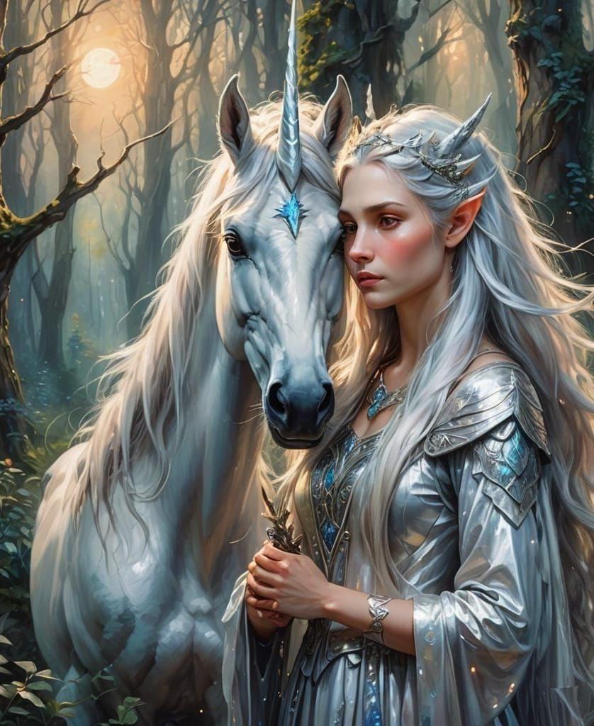Elf Druid and Silver Unicorn Digital Art