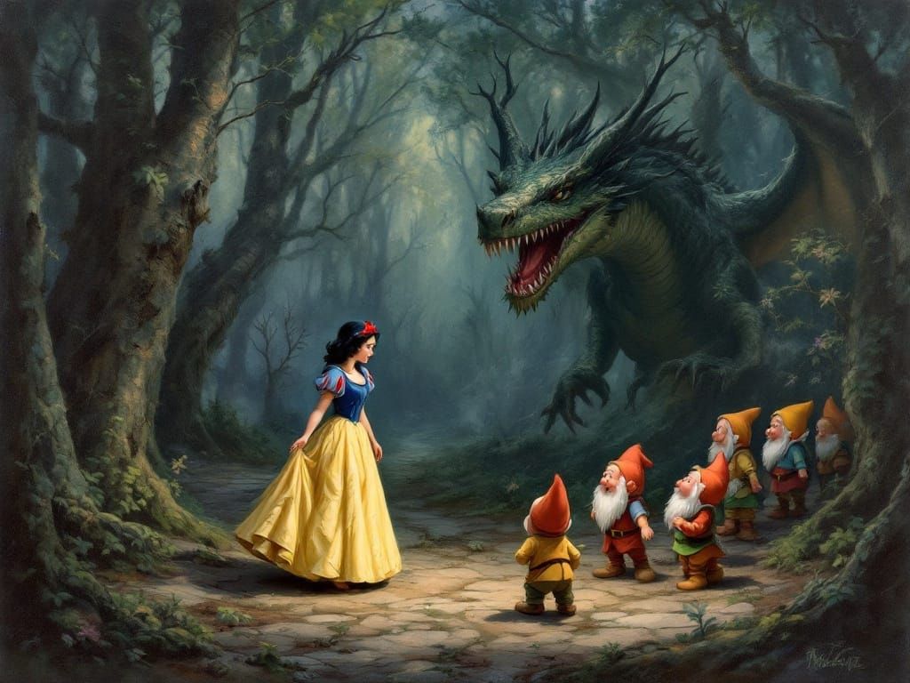 Snow White and the 7 Dwarfs in a Whimsical Forest Scene