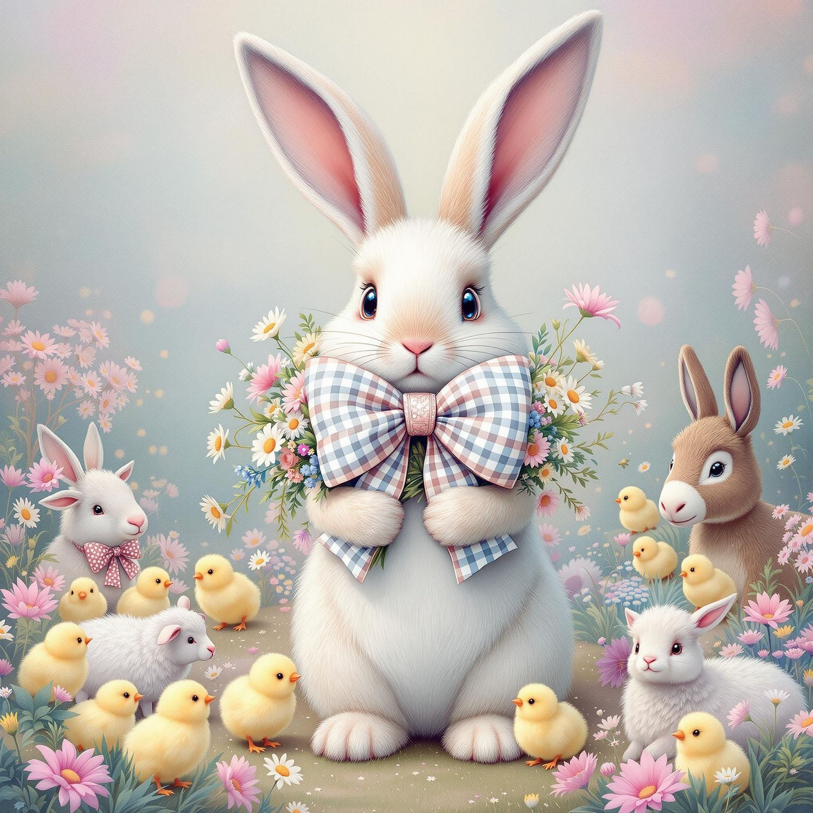 Dreamlike Easter Scene in Whimsical Gingham Print Style