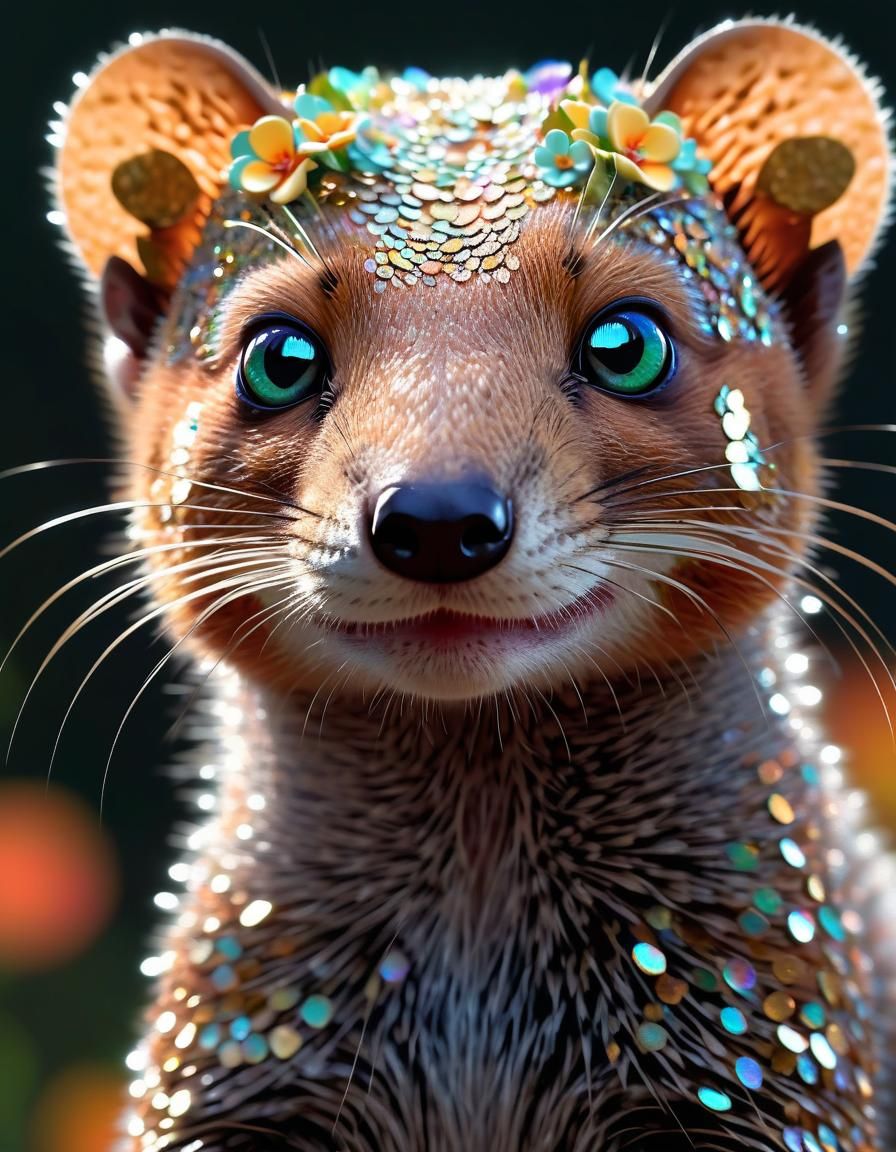 Cute Magical Mongoose with Flowers, Digital Art