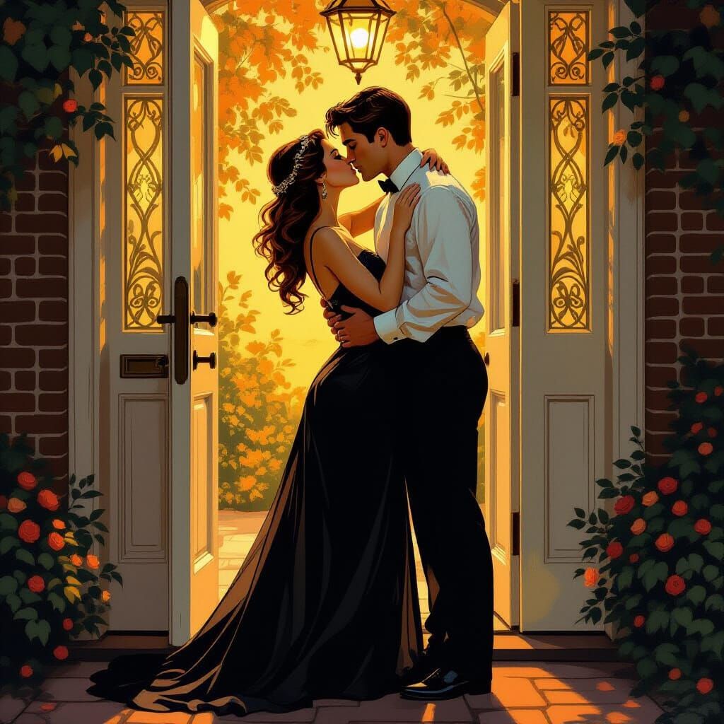 Passionate Kiss in Golden Light, Art Nouveau Style