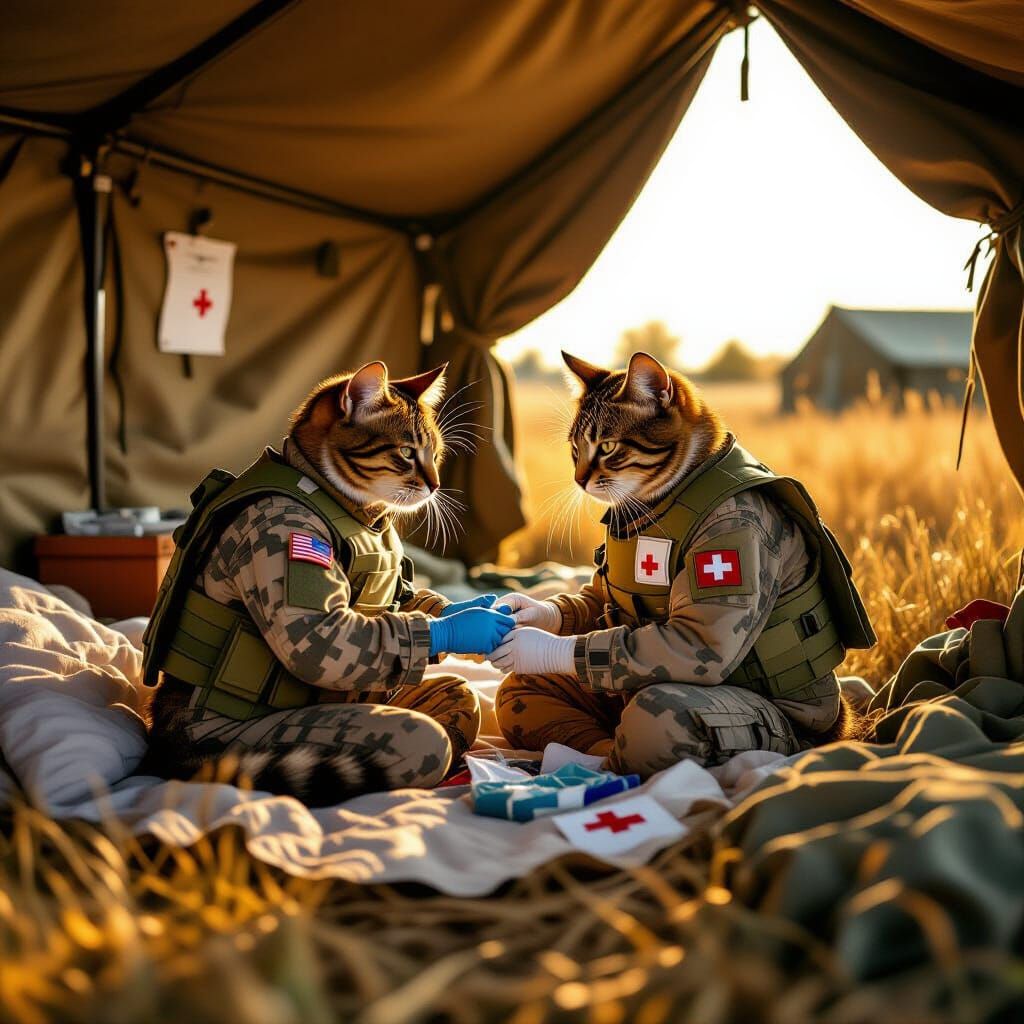 Cat Medic Provides First Aid in Field Hospital