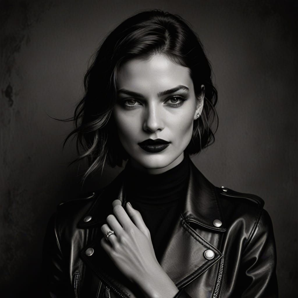 Sultry Woman in Black Leather Exudes High-Fashion Sophistica...