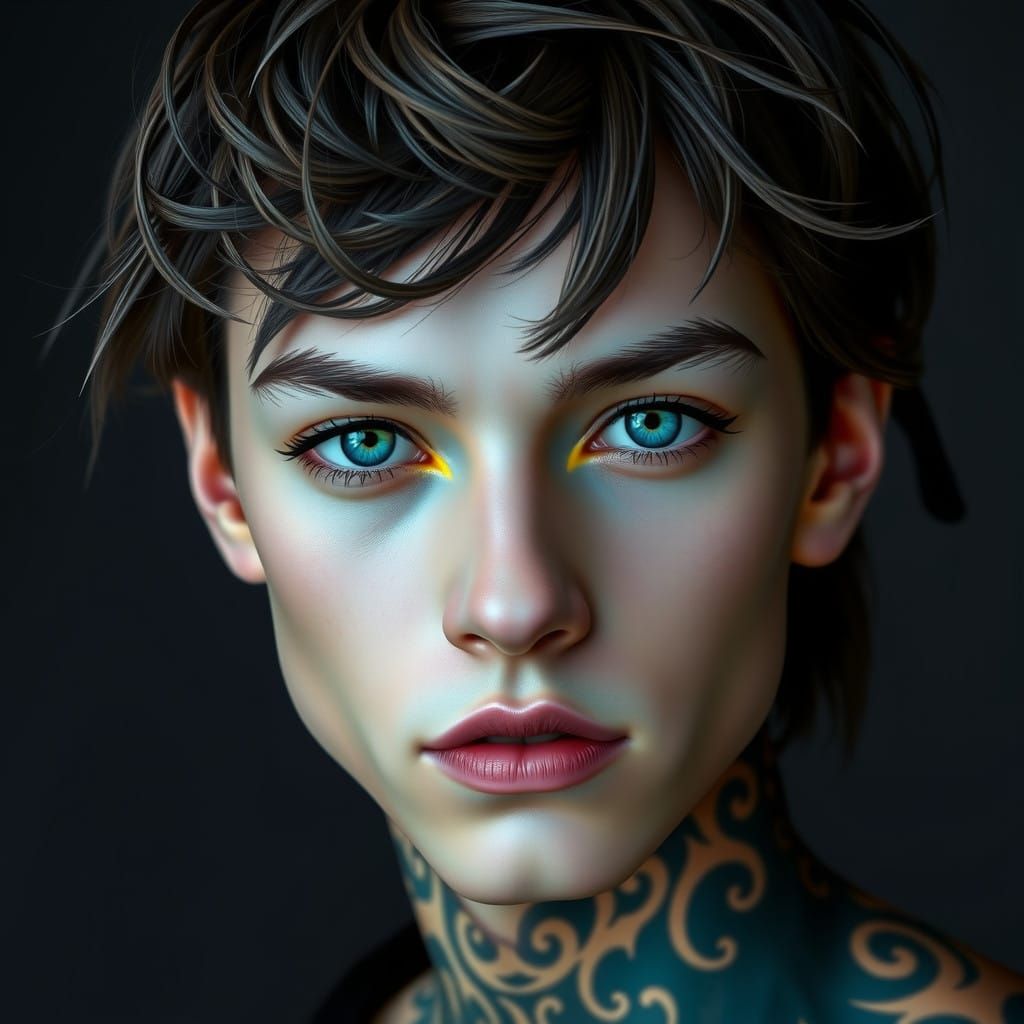 Ethereal Androgynous Figure with Piercing Eyes and Tribal Ta...