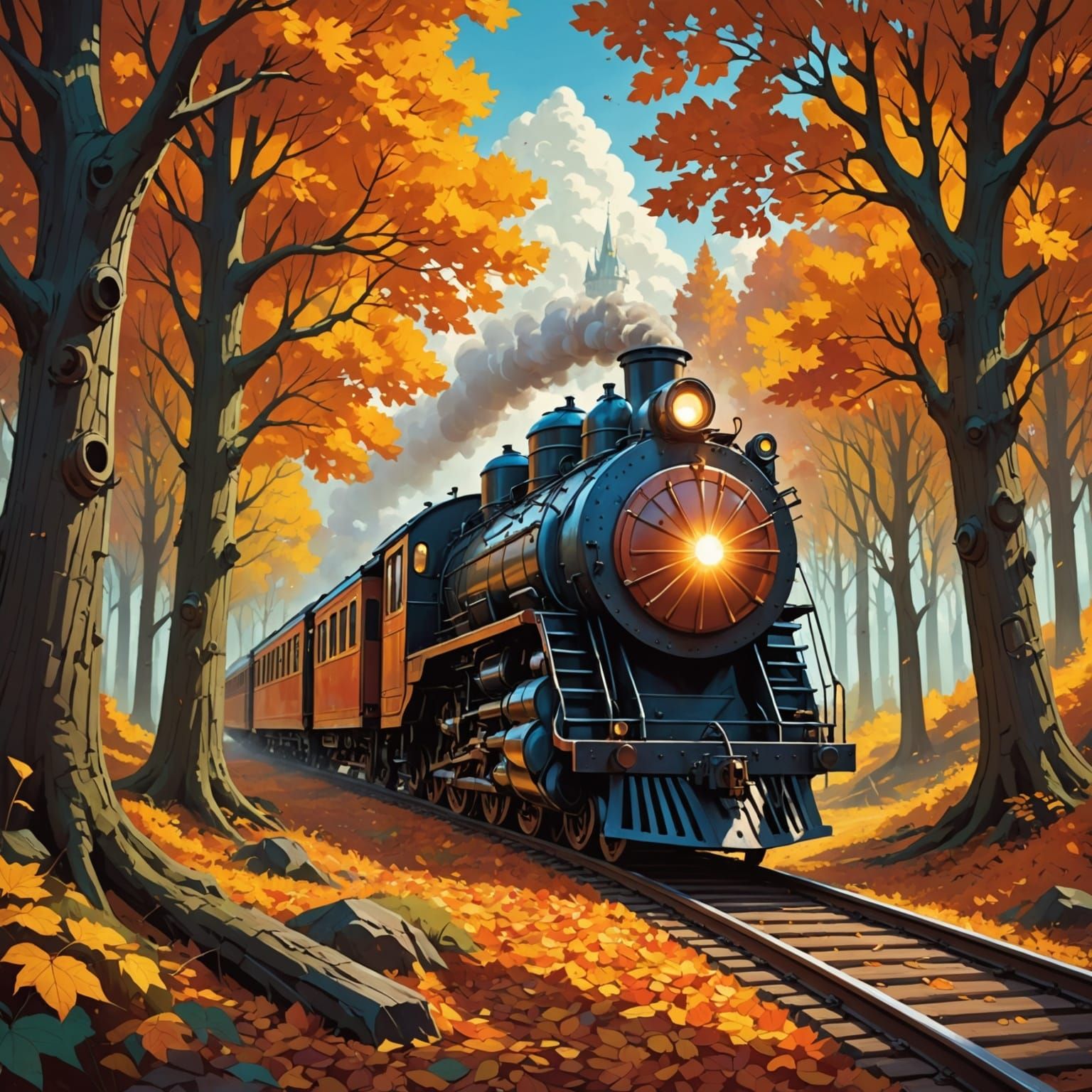 Ethereal Fantasy Train in Magical Autumn Forest