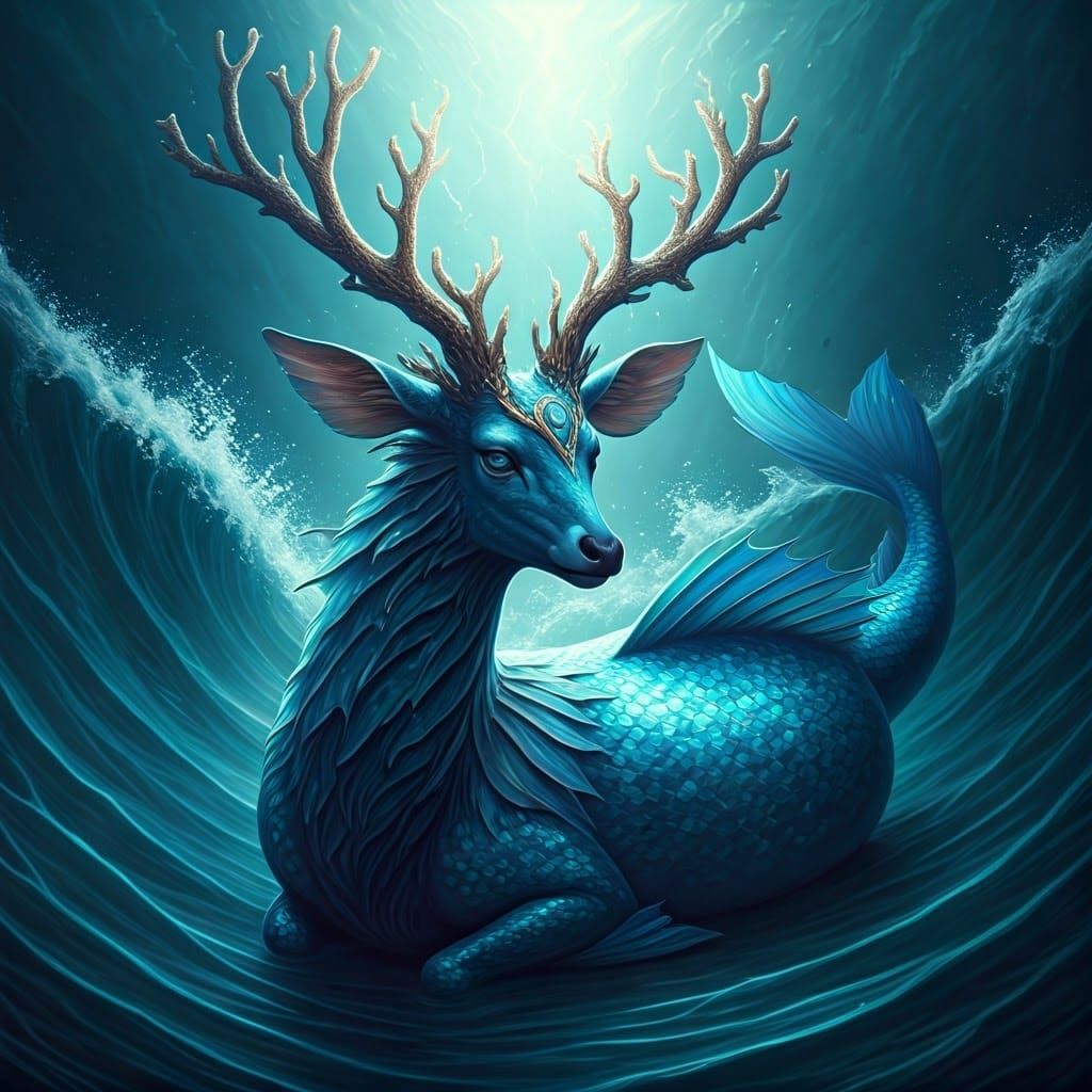Mythical Deer-Fish Hybrid in Crashing Waves