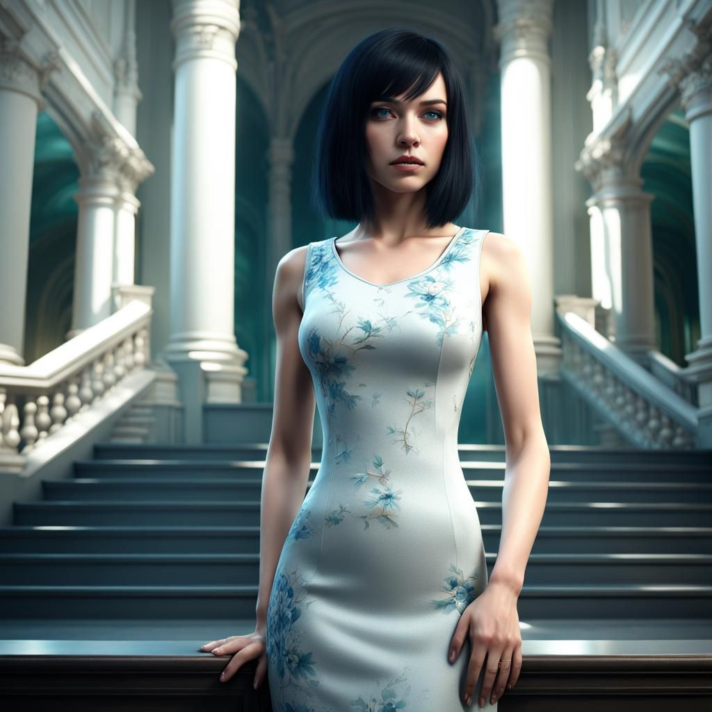 Woman in Navy Dress: Matte Painting Style