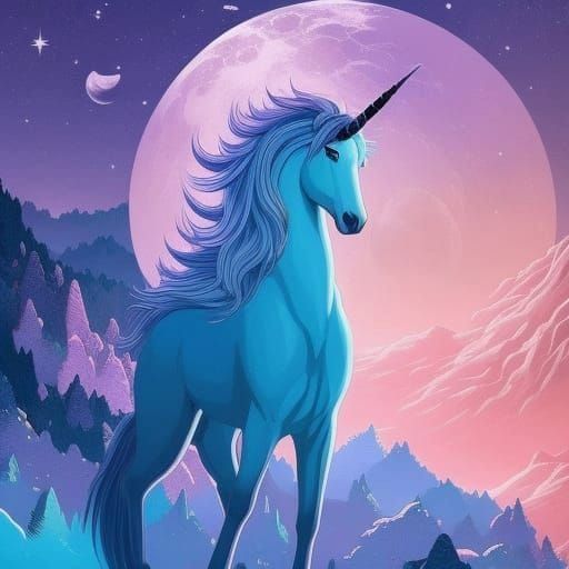 Blue Unicorn in Moonlit Landscape: Detailed Digital Art