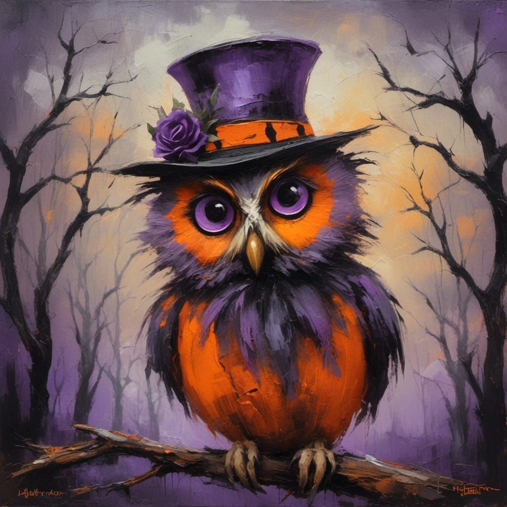 Whimsical Halloween Owl in Cemetery, Oil Painting