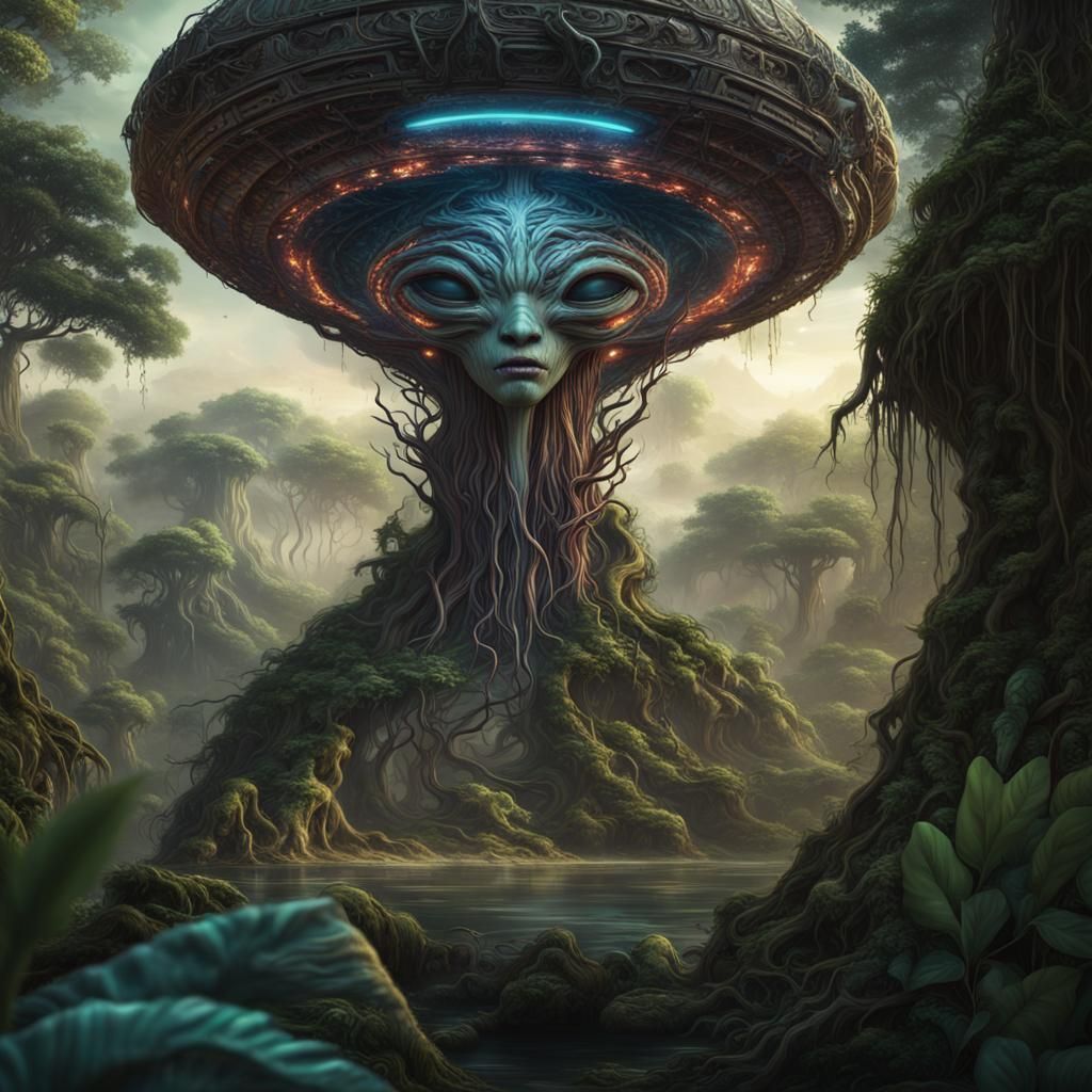 Mayan Alien Ship Beaming Tree Roots, Detailed Matte Painting