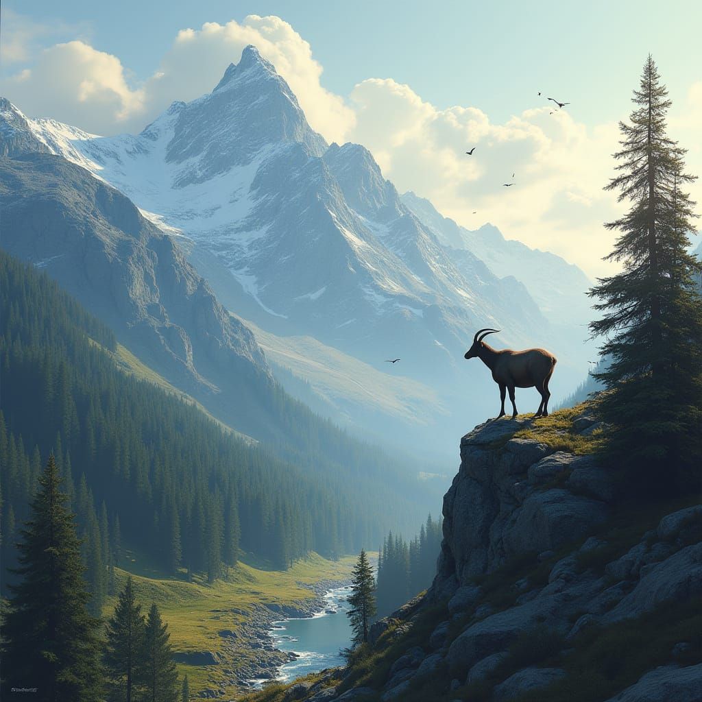 Mountain Goat Overlooks Snowy Ridge in Hyperrealism