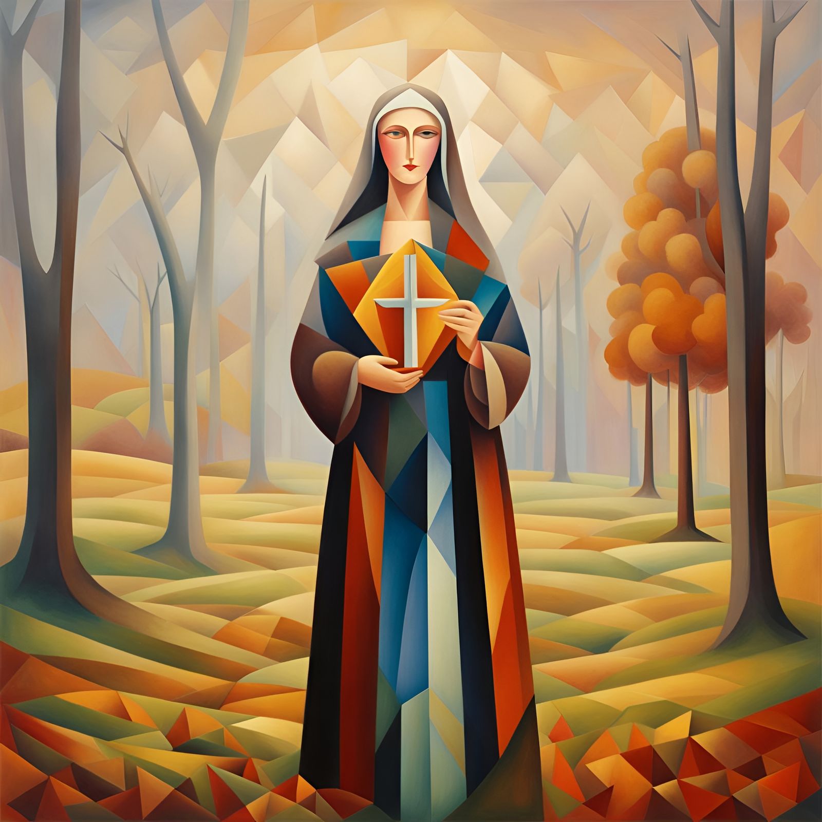 Woman with Jesus Icon in Cubist Style