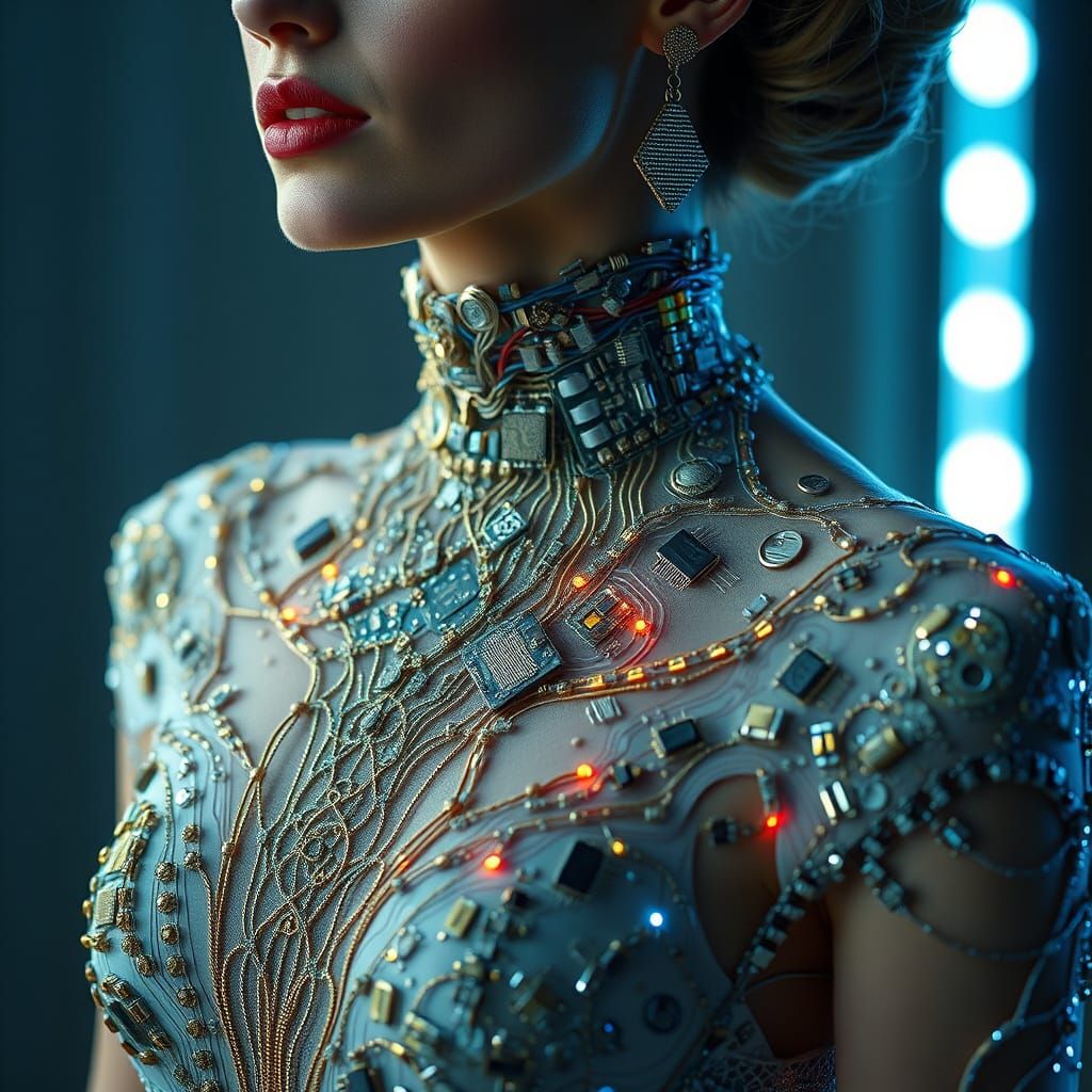 Woman in Futuristic Evening Gown with Integrated Microchips
