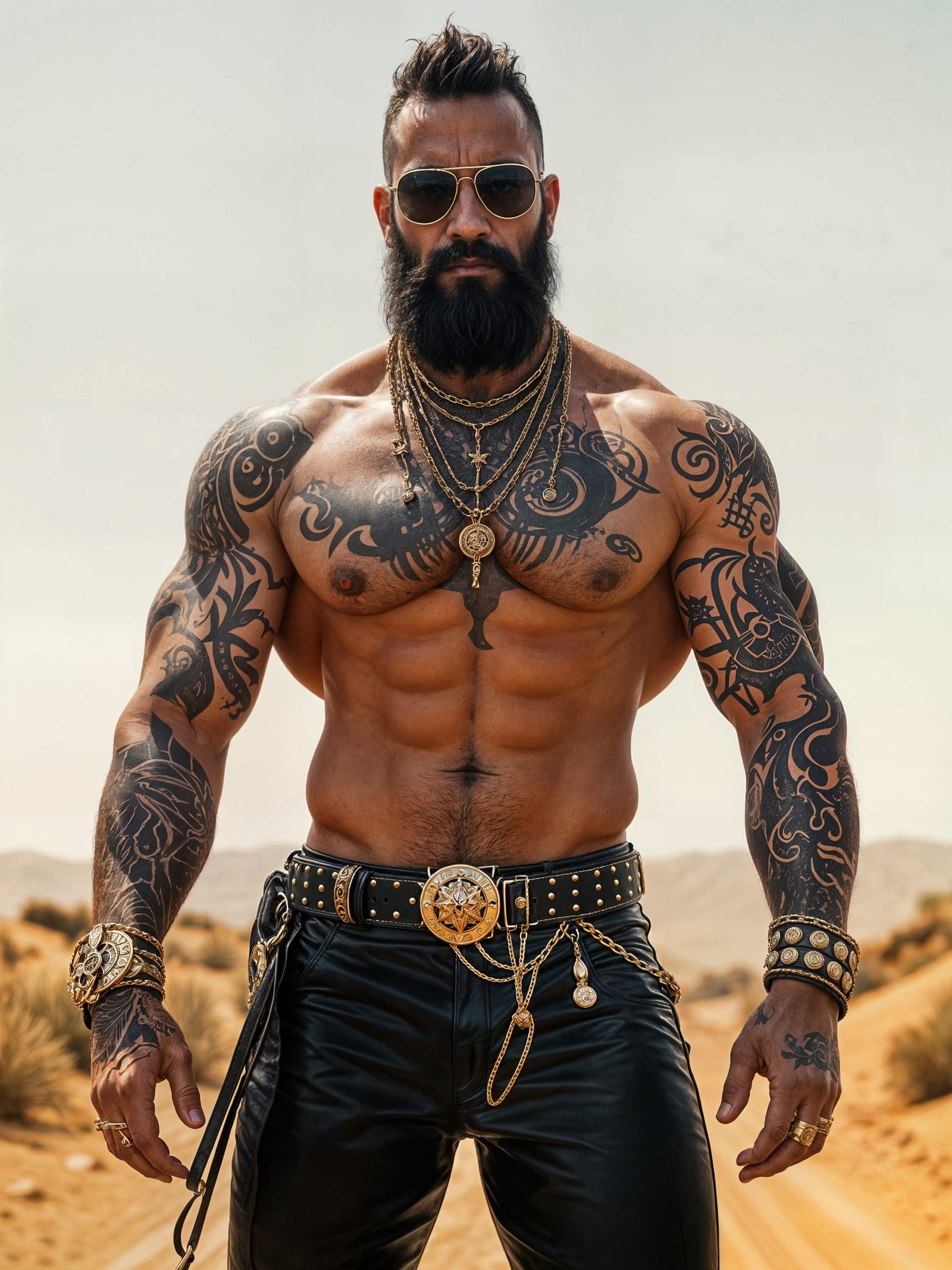 Confident Man in Desert Landscape with Tattoos