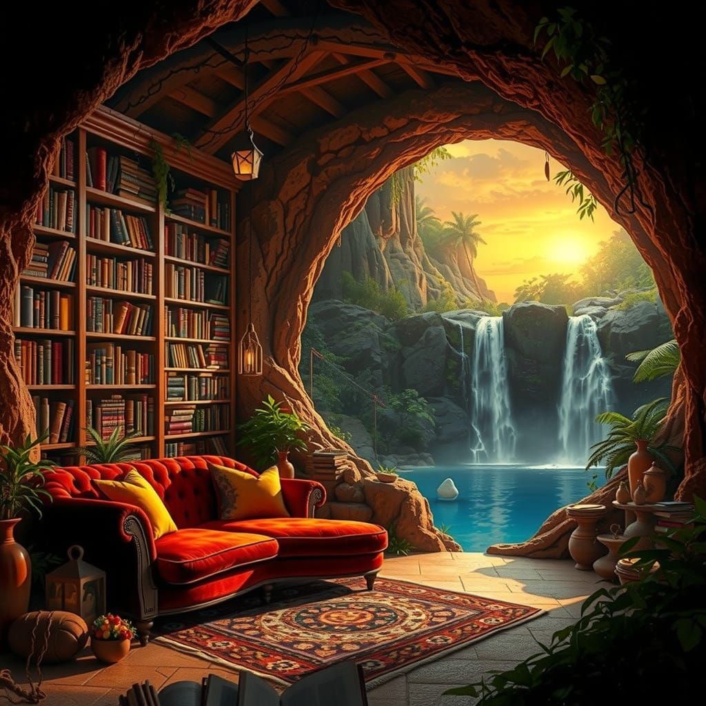 Mystical Cave Library: A Tranquil Oasis with Hyperdetailed B...