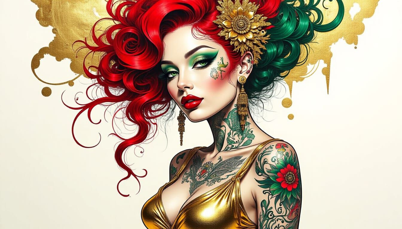 Elegant Lady in Gold Foil with Intricate Tattoos