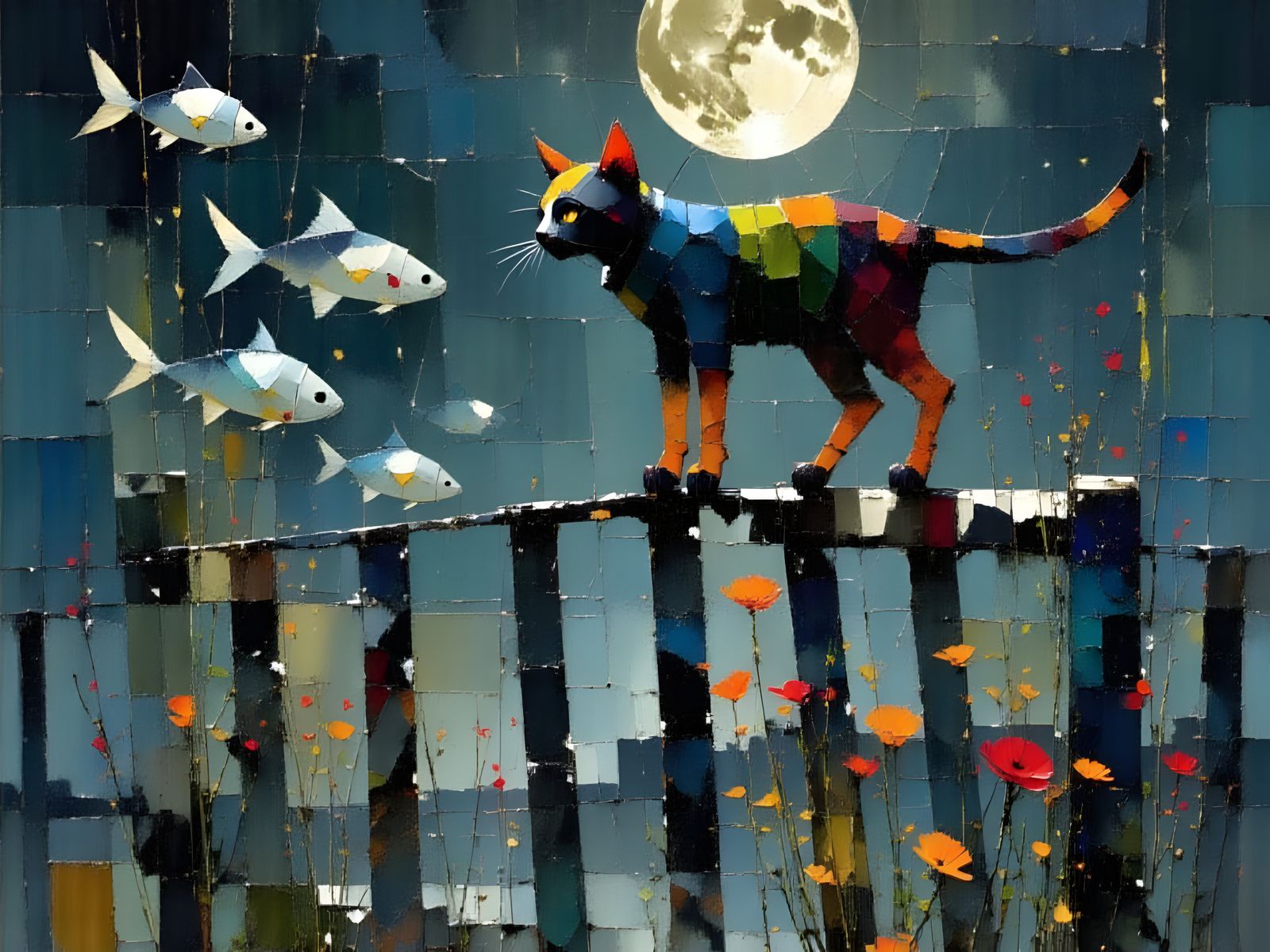 Cat Meets Fish in Moonlit Night Sky