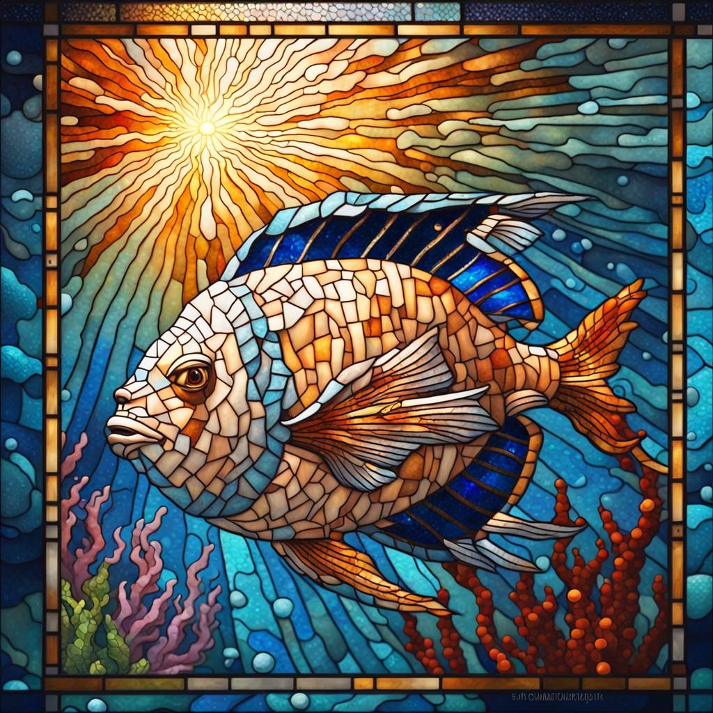 Stained Glass Mosaic Underwater Atlantis Scene