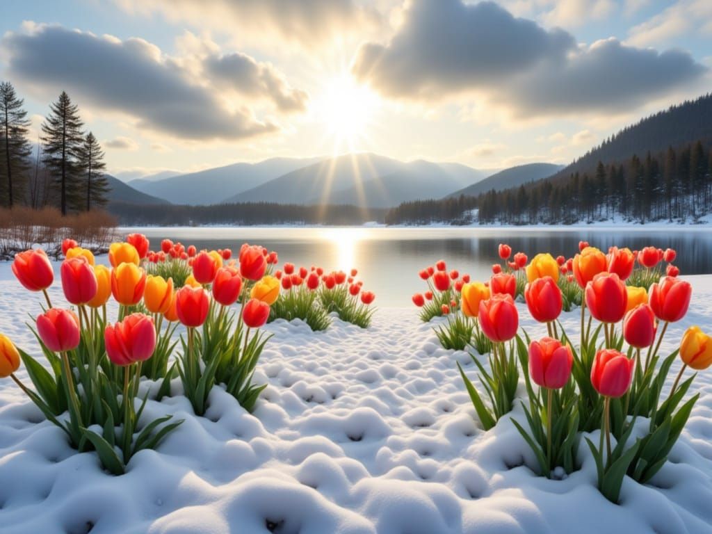 Resilient Tulips Bloom Against Winter Snow