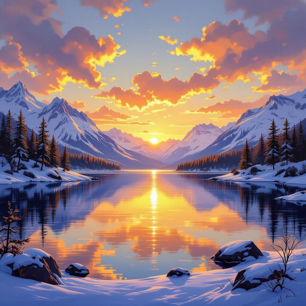 Serene Sunset Over Snowy Mountains Reflecting on Lake