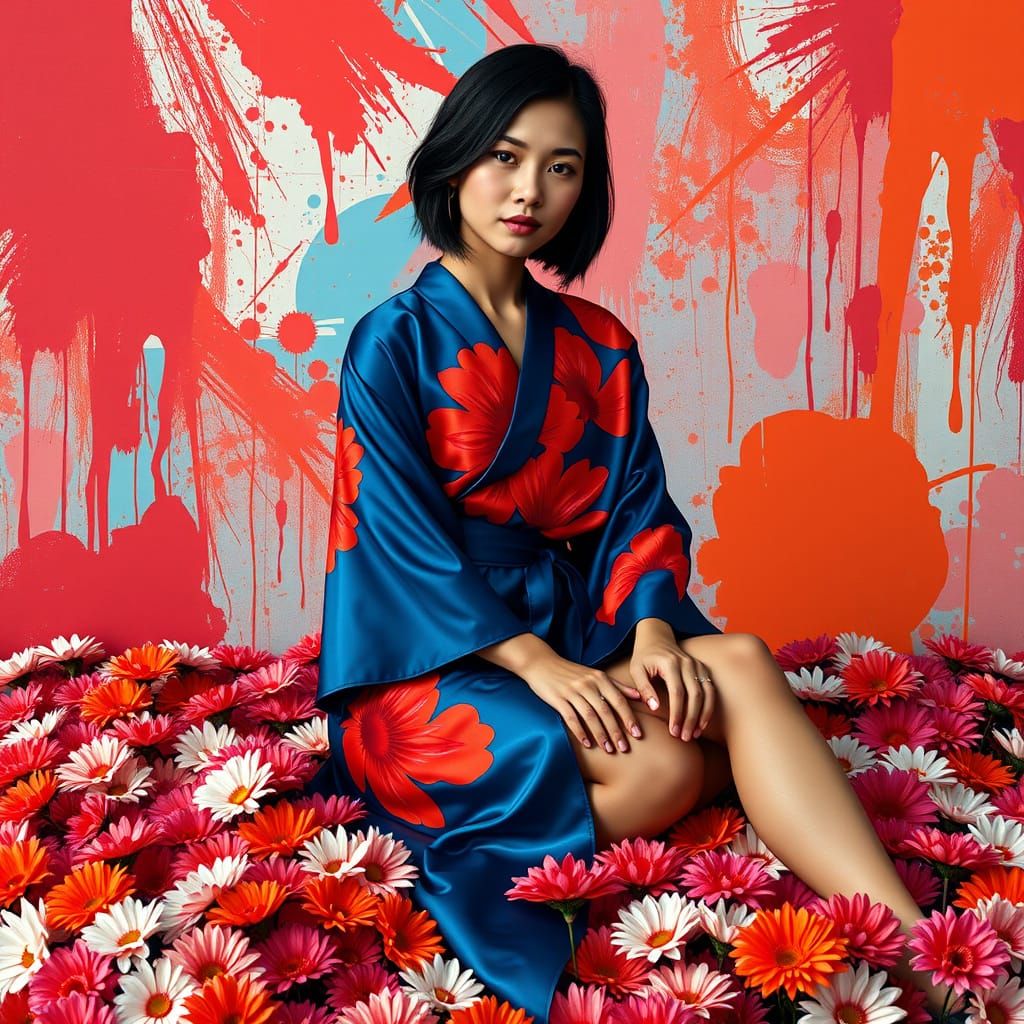 Elegant Burmese Woman Portrait with Pop Art Elements